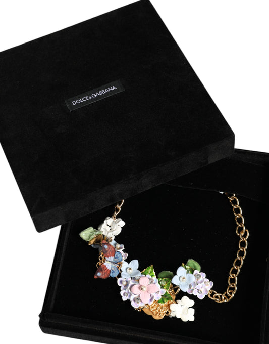 Dolce & Gabbana Multicolor Floral Decor Crystal Gold Brass Chain Necklace
