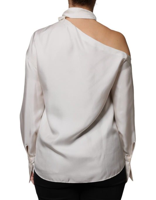 Brunello Cucinelli Beige Silk Ascot Collared Long Sleeves Top