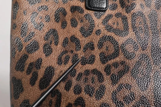 Dolce & Gabbana Brown Black Calfskin Leopard Print Shoulder Tote Bag
