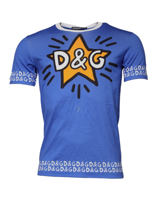 Dolce & Gabbana Blue Cotton Logo Print Crew Neck T-shirt