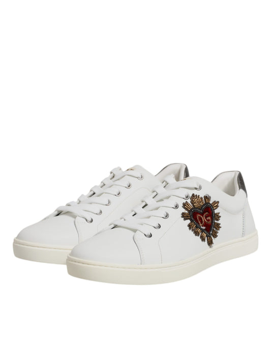 Dolce & Gabbana White Leather Heart Embellished Sneakers Shoes