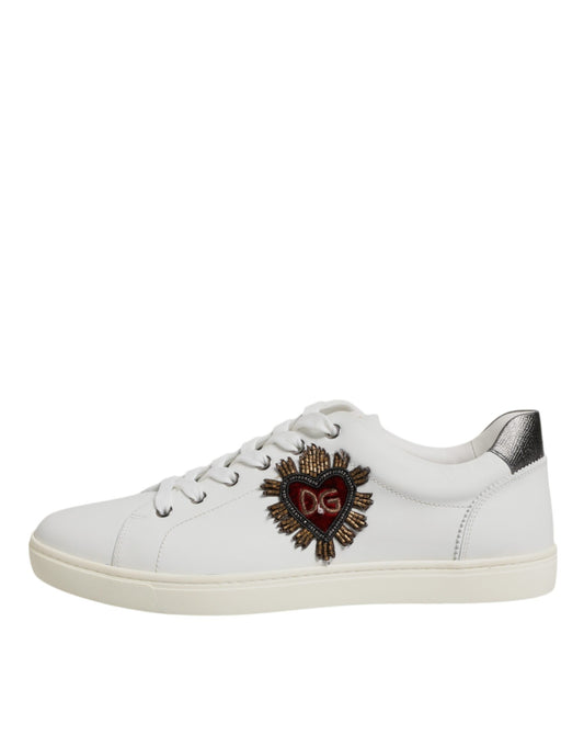 Dolce & Gabbana White Leather Heart Embellished Sneakers Shoes