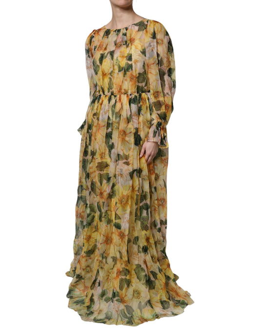 Dolce & Gabbana Yellow Floral Print Silk Maxi Long Gown Dress