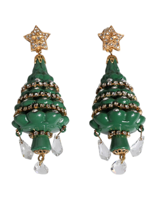 Dolce & Gabbana Green Enamel Christmas Tree Crystal Dangling Earrings