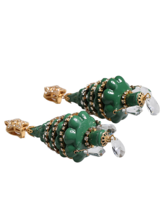 Dolce & Gabbana Green Enamel Christmas Tree Crystal Dangling Earrings