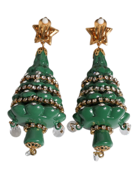 Dolce & Gabbana Green Enamel Christmas Tree Crystal Dangling Earrings