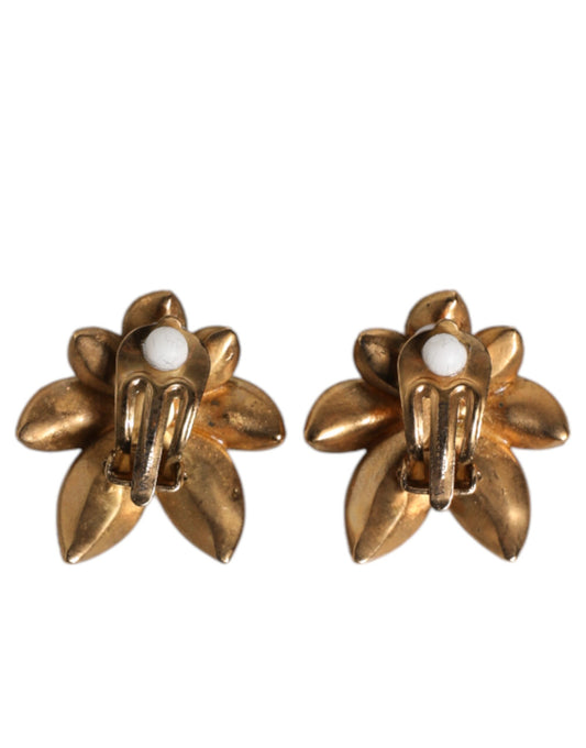 Dolce & Gabbana Gold Brass Purple Flower-Shaped Crystals Clip On Earrings