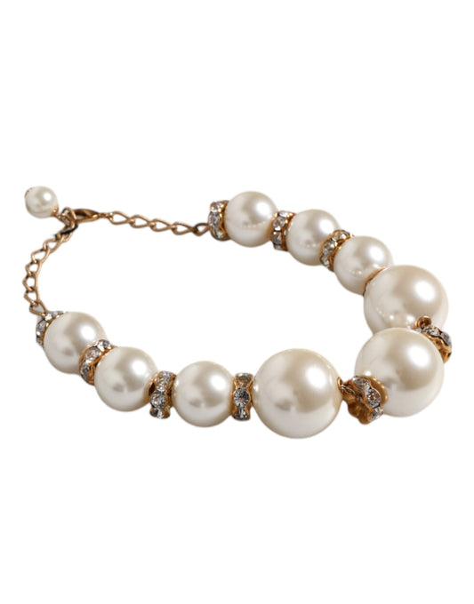 Dolce & Gabbana White Maxi Faux Pearl Beads Crystals Gold Chain Necklace