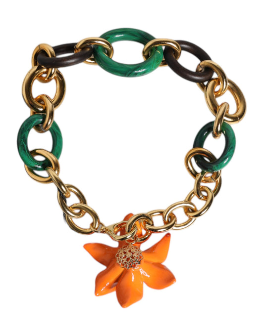 Dolce & Gabbana Multicolor Gold Brass Orange Lily Floral Chain Necklace