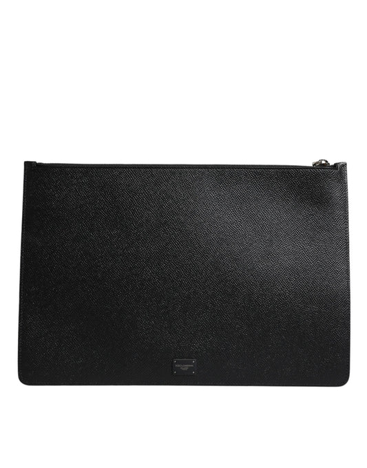 Dolce & Gabbana Black Leather Golden Pig Print Logo Plaque Men Pouch Bag