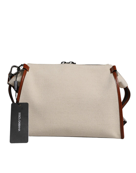 Dolce & Gabbana Beige Brown Cotton Leather Duffle Shoulder Bag