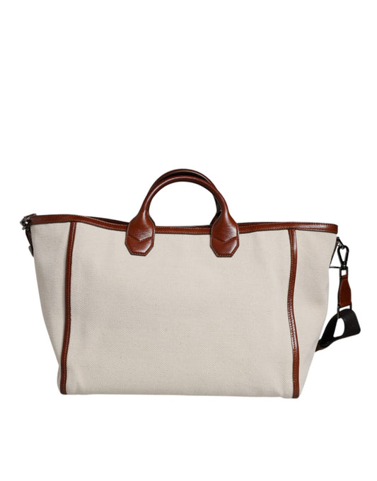 Dolce & Gabbana Beige Brown Cotton Leather Duffle Shoulder Bag