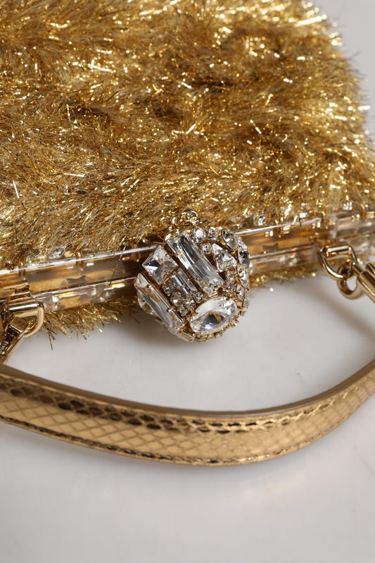Dolce & Gabbana Gold Vanda Chain Strap Tinsel Crystal Evening Clutch Bag