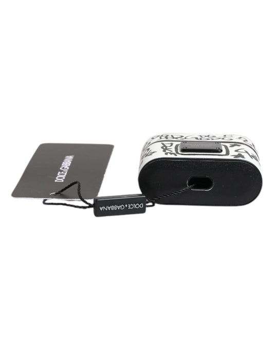 Dolce & Gabbana Black White Leather Scribble Embossed Logo Airpods Case