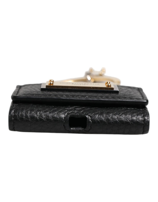 Dolce & Gabbana Black Leather Strap Gold Metal Logo Plaque Airpods Case