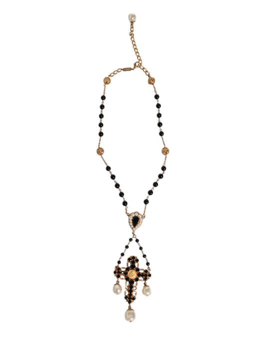 Dolce & Gabbana Gold Brass Black Beaded Chain Rosary Pendant Necklace