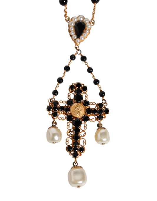 Dolce & Gabbana Gold Brass Black Beaded Chain Rosary Pendant Necklace