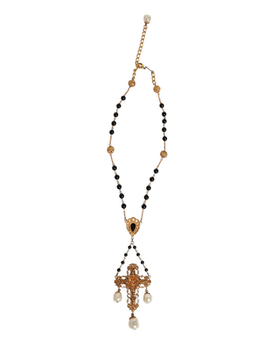 Dolce & Gabbana Gold Brass Black Beaded Chain Rosary Pendant Necklace
