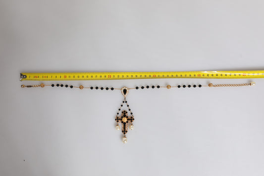 Dolce & Gabbana Gold Brass Black Beaded Chain Rosary Pendant Necklace