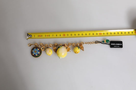 Dolce & Gabbana Gold Tone Brass Filigree Ball Charm Lemon Logo Bracelet