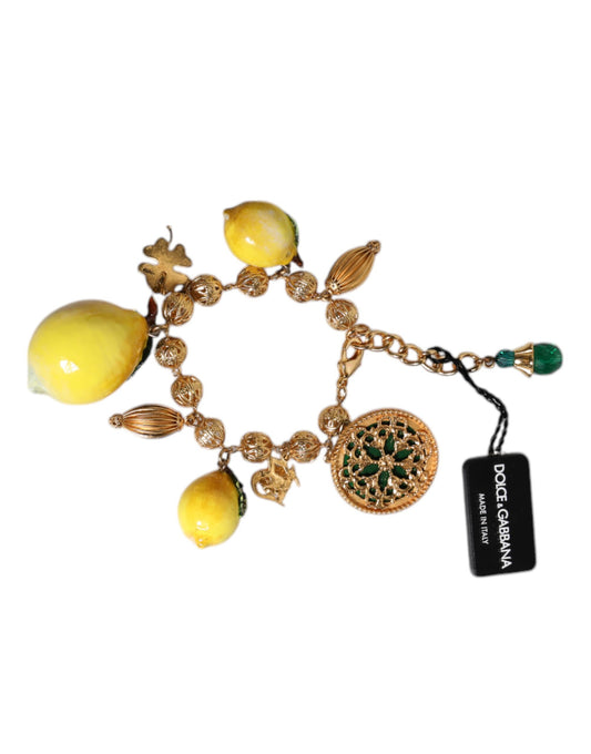 Dolce & Gabbana Gold Tone Brass Filigree Ball Charm Lemon Logo Bracelet