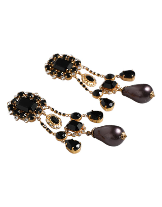 Dolce & Gabbana Gold Tone Brass Black Crystal Clip On Dangling Earrings