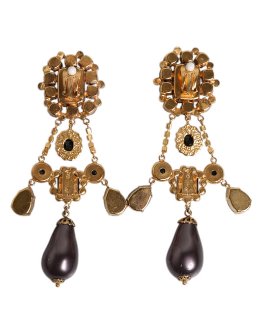 Dolce & Gabbana Gold Tone Brass Black Crystal Clip On Dangling Earrings
