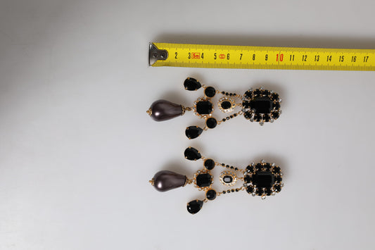 Dolce & Gabbana Gold Tone Brass Black Crystal Clip On Dangling Earrings