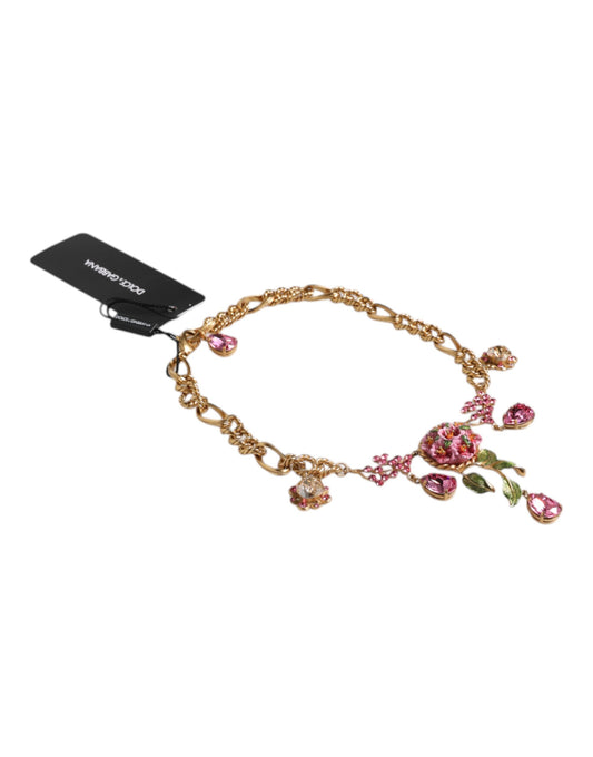 Dolce & Gabbana Multicolor Floral Decor Crystal Gold Brass Chain Necklace