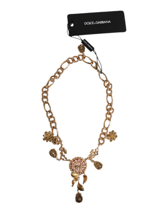 Dolce & Gabbana Multicolor Floral Decor Crystal Gold Brass Chain Necklace