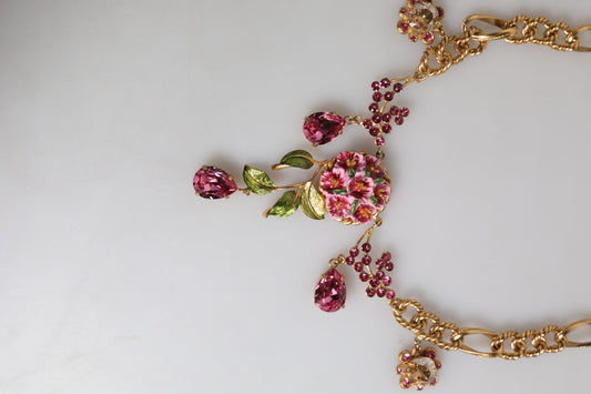 Dolce & Gabbana Multicolor Floral Decor Crystal Gold Brass Chain Necklace