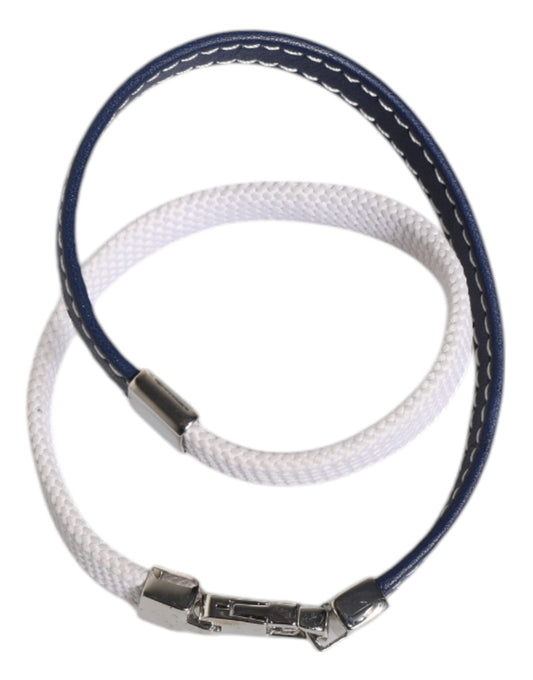 Dolce & Gabbana Blue White Leather Trimmed DG Engraved Silver Tone Clasp Bracelet