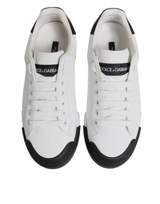 Dolce & Gabbana White Black Leather Low Top Sneakers Shoes