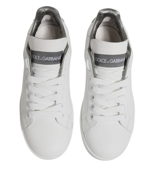 Dolce & Gabbana White Gray Leather Low Top Sneakers Shoes