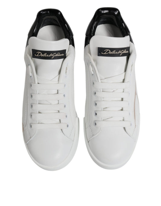 Dolce & Gabbana White Black Leather Low Top Sneakers Shoes
