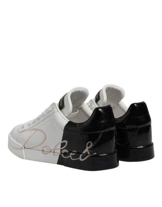 Dolce & Gabbana White Black Leather Low Top Sneakers Shoes