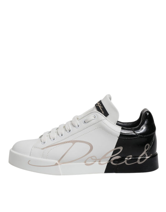 Dolce & Gabbana White Black Leather Low Top Sneakers Shoes