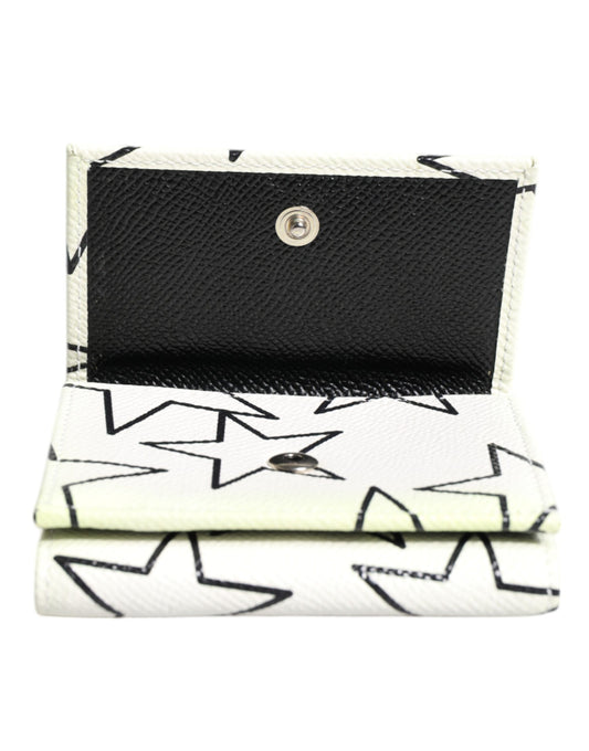 Dolce & Gabbana White Leather Trifold DG Star Print Card Holder Wallet