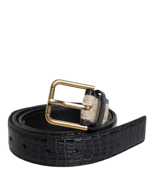 Dolce & Gabbana Black Beige Leather Metal Logo Buckle Belt