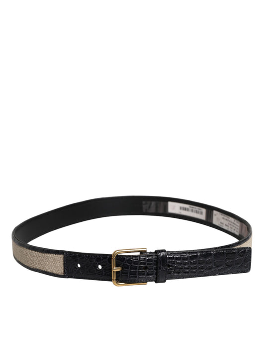 Dolce & Gabbana Black Beige Leather Metal Logo Buckle Belt