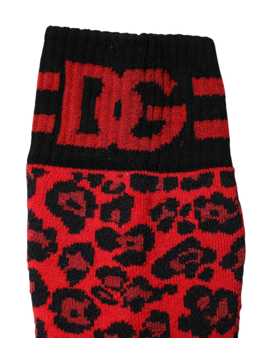 Dolce & Gabbana Red Leopard Nylon Mid Calf Men Socks