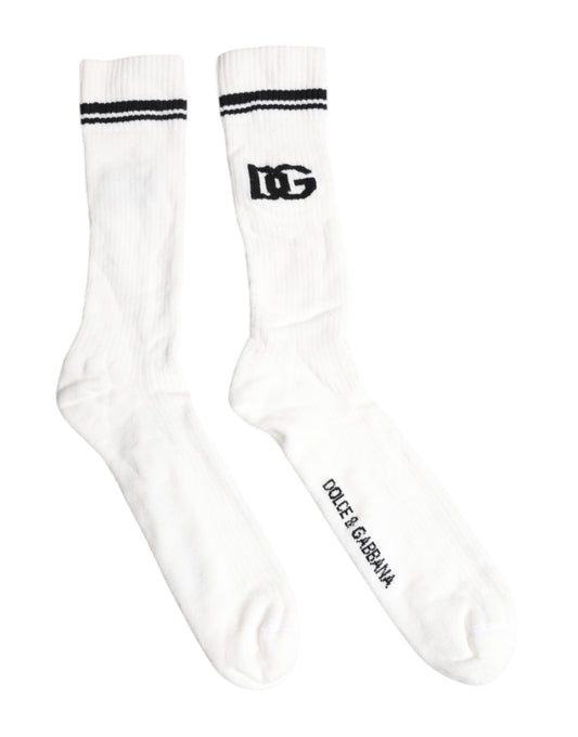 Dolce & Gabbana White Black DG Logo Print Stretch Mid Calf Socks