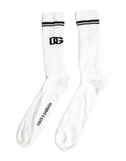 Dolce & Gabbana White Black DG Logo Print Stretch Mid Calf Socks