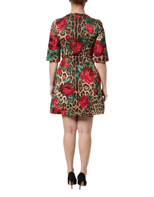 Dolce & Gabbana Brown Rose Leopard Short Sleeves Mini Dress