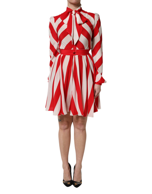 Dolce & Gabbana White Red Stripes Long Sleeves Mini Dress