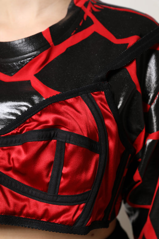 Dolce & Gabbana Red Black Cotton Bustier Detailing Cropped Top