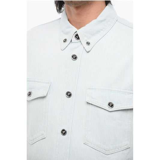 Versace Light Wash Denim Shirt with Logoed Buttons