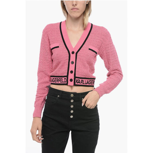 Karl Lagerfeld Bouclè Fabric Cropped Cardigan with Logoed Band
