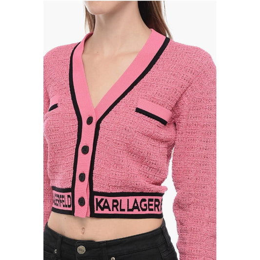 Karl Lagerfeld Bouclè Fabric Cropped Cardigan with Logoed Band