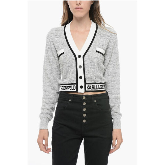 Karl Lagerfeld Bouclè Fabric Cropped Cardigan with Logoed Band